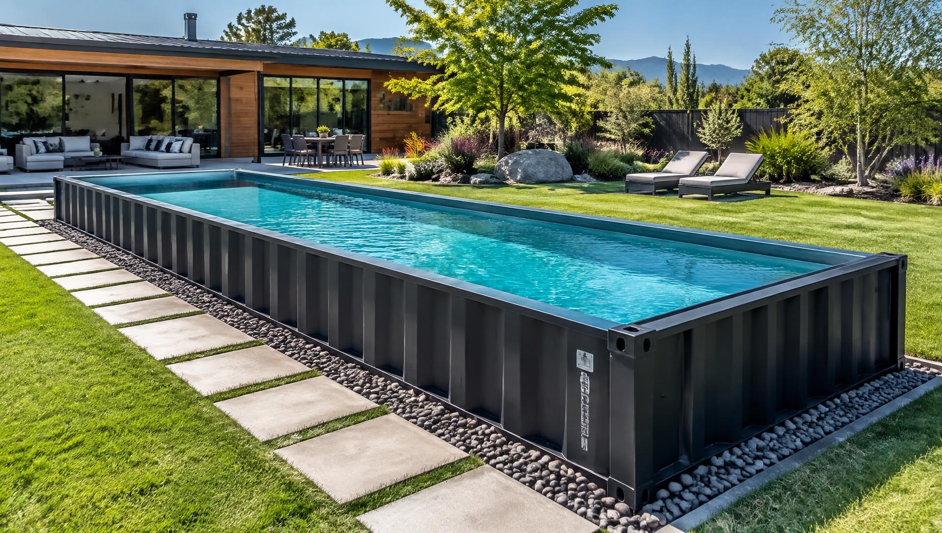 Long luxury steel container pool with turquoise water in a bright modern landscaped backyard