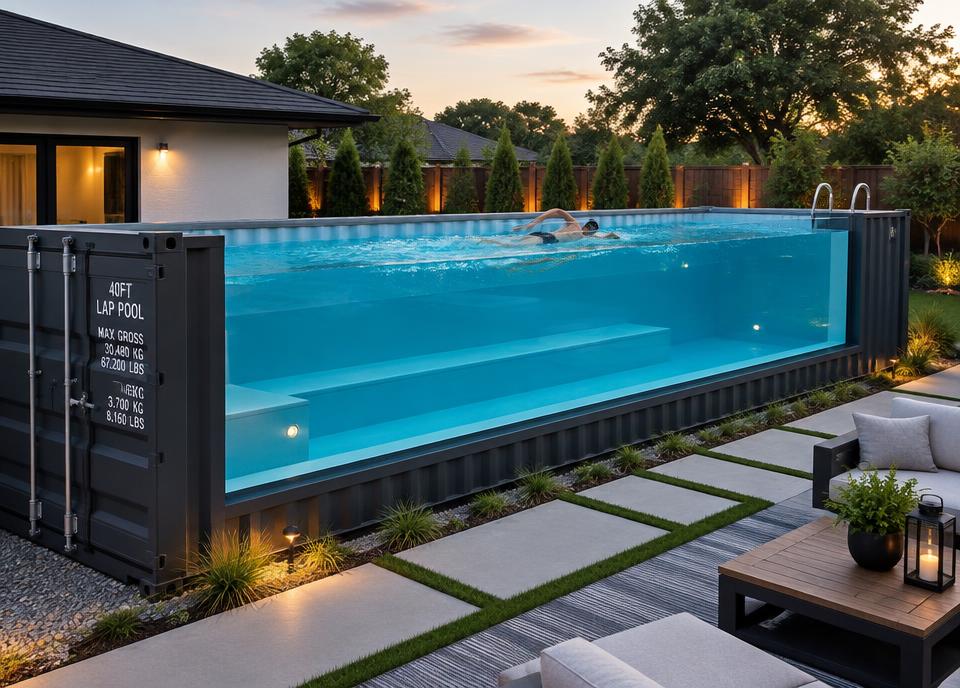 Long luxury steel container pool in a modern landscaped backyard